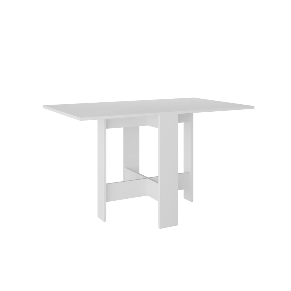 White foldable dining table with rectangular top and open underframe supports