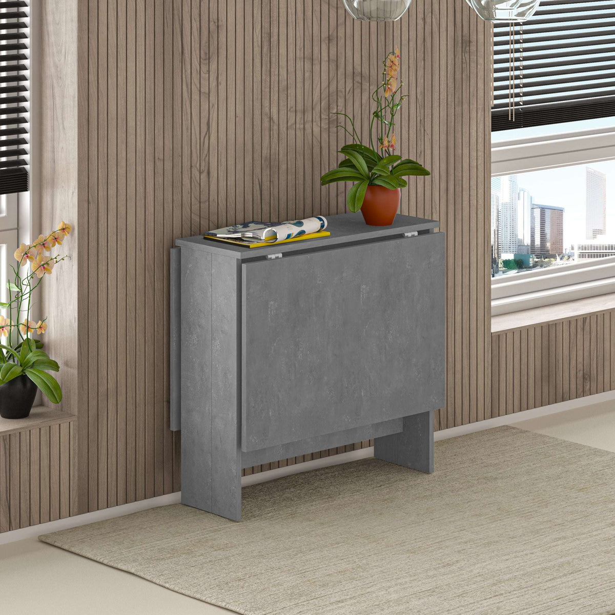 Foldable retro grey dining table with pedestal base and square side panels