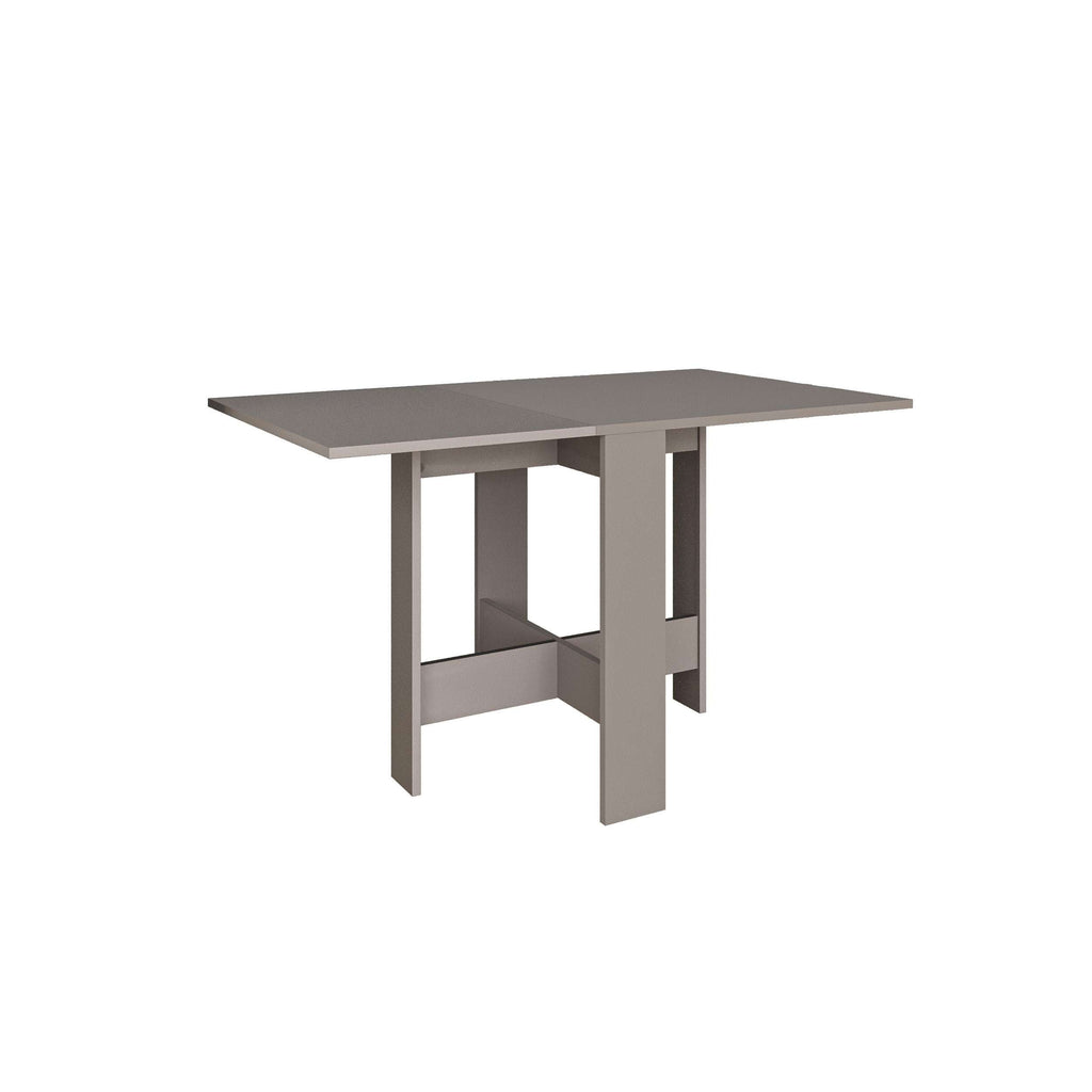 Rectangular dining table with gray top and folding-style support frame