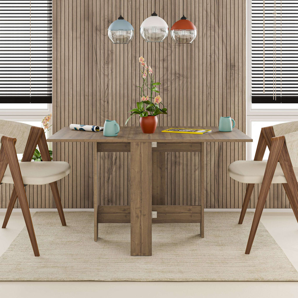 Foldable dark oak effect dining table with apron base and lower support braces