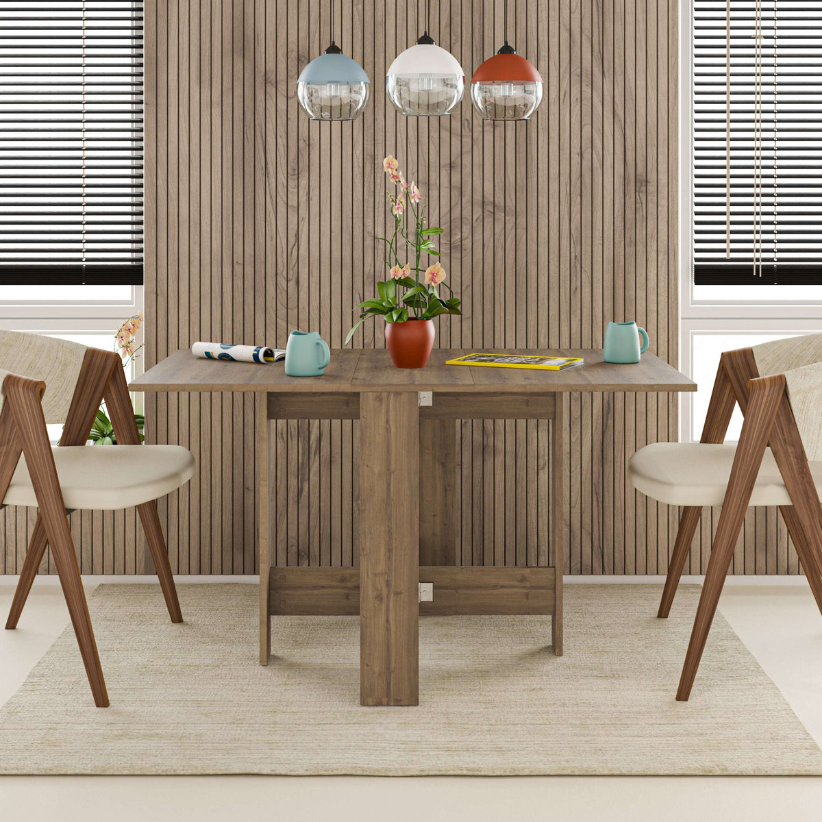 Foldable dark oak effect dining table with apron base and lower support braces