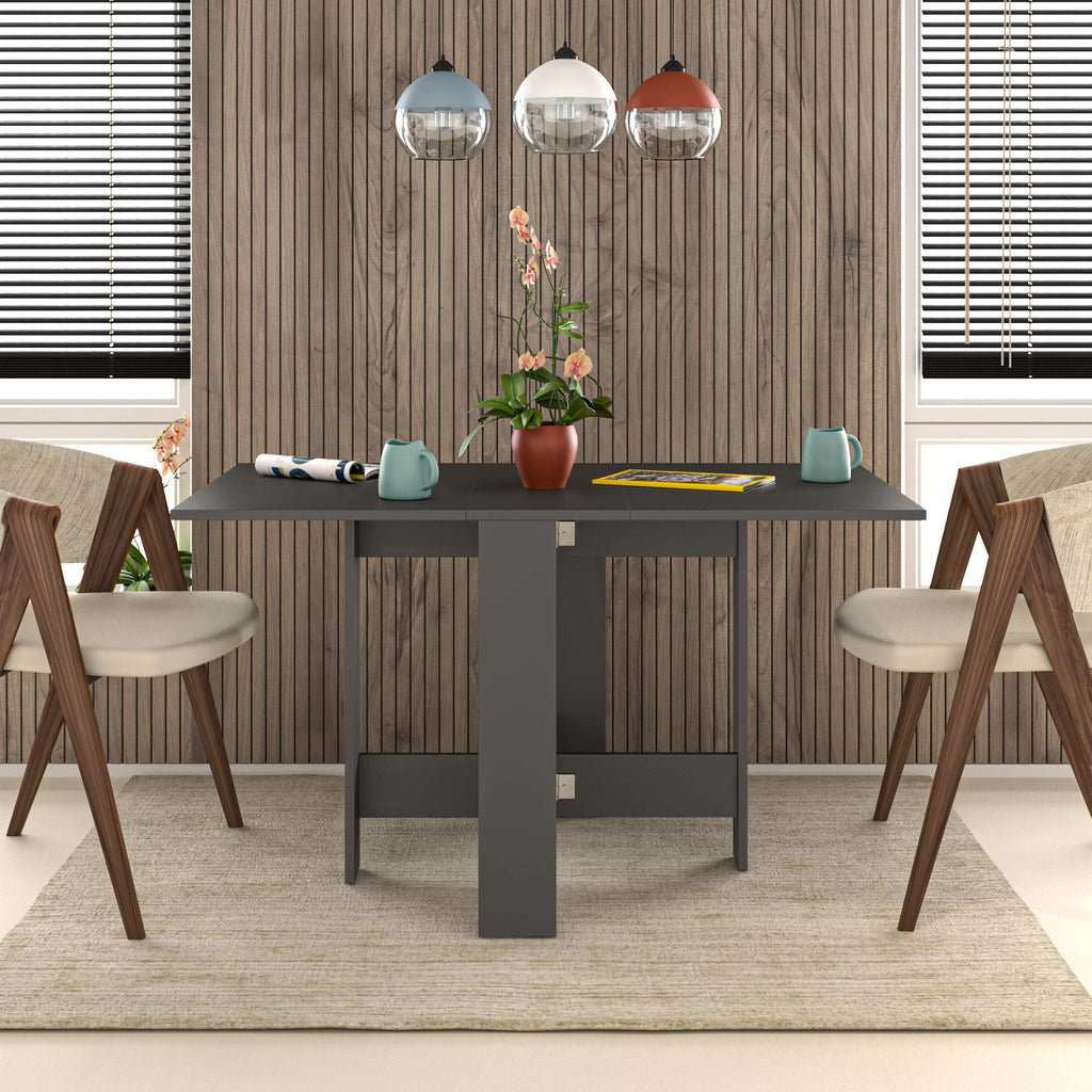 Foldable anthracite dining table with open base and flat tabletop, supported by four legs