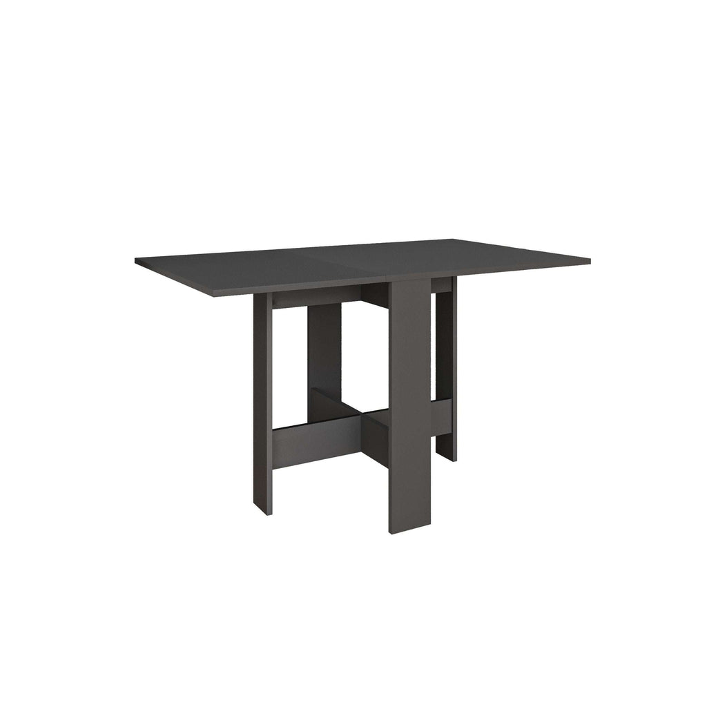 Anthracite foldable dining table with hinged legs and open X-frame support under top