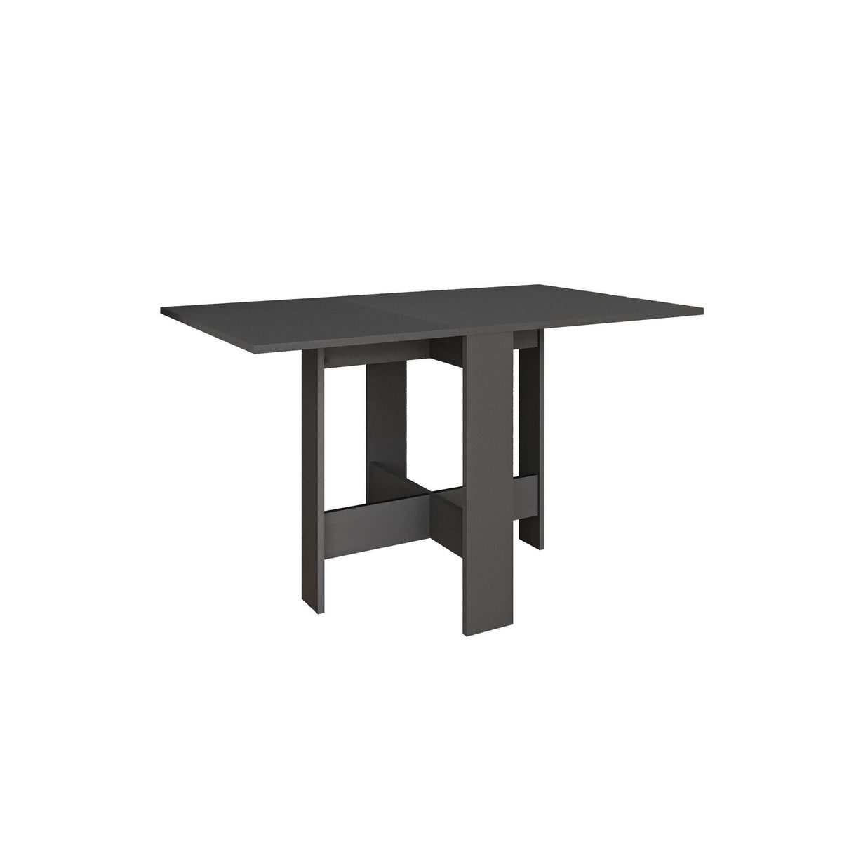 Anthracite foldable dining table with hinged legs and open X-frame support under top