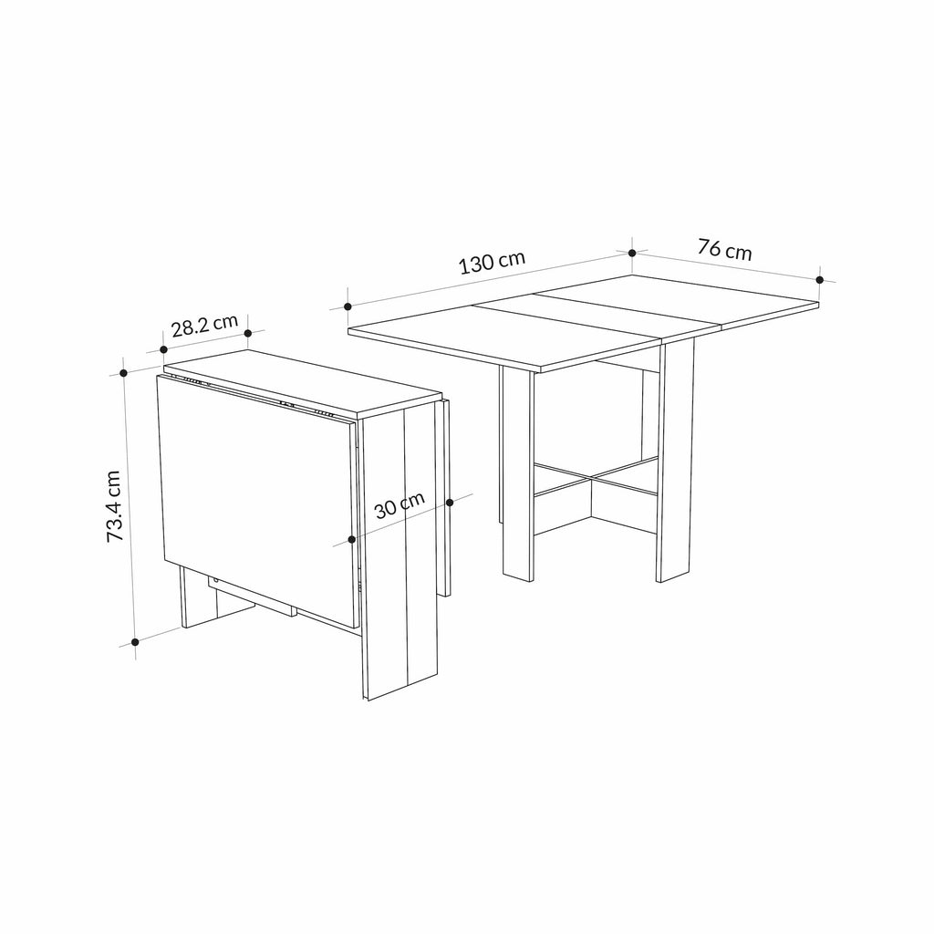 Retro grey foldable dining table with size diagram and side measurements