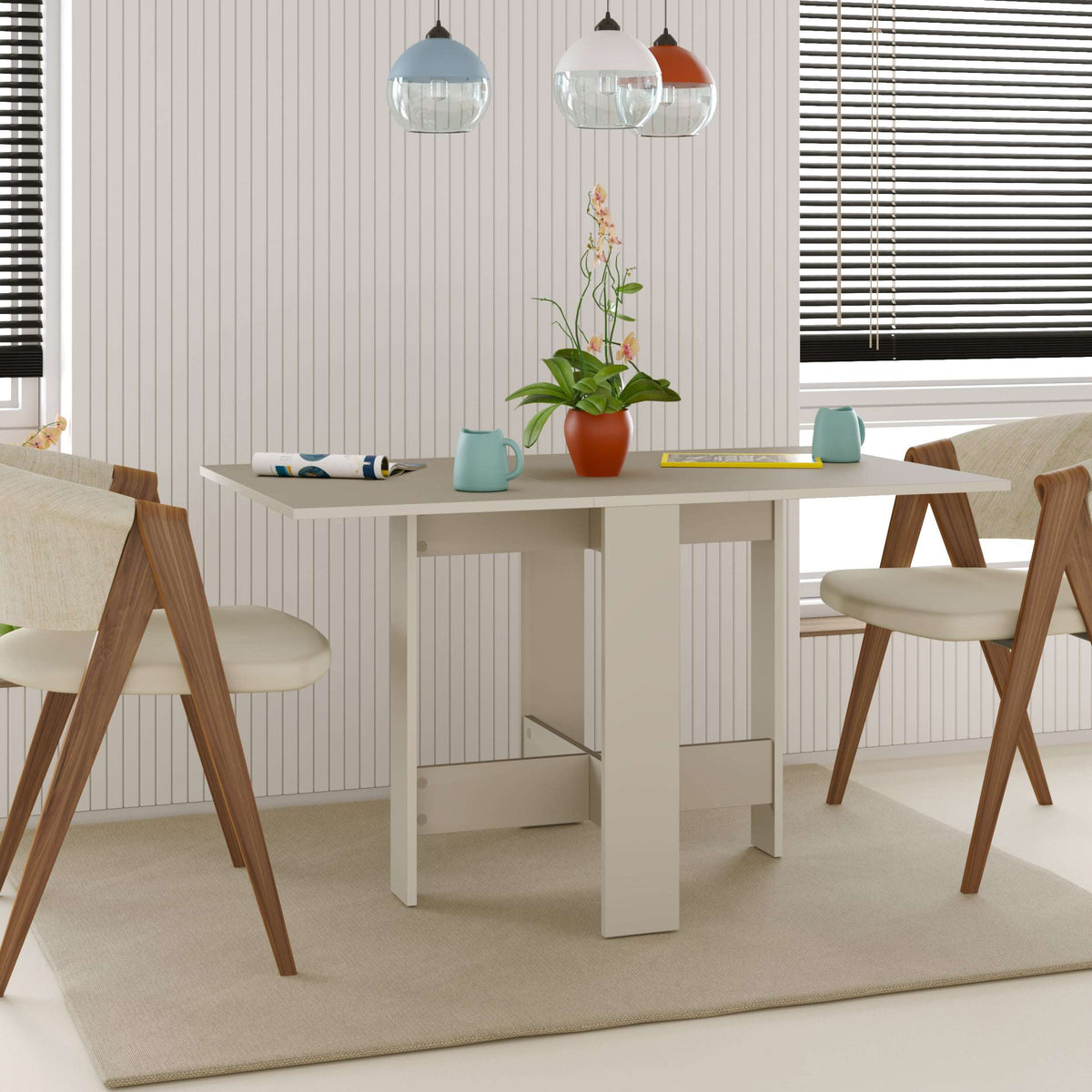 Foldable dining table in light sandstone beige with rectangular top and sturdy legs.