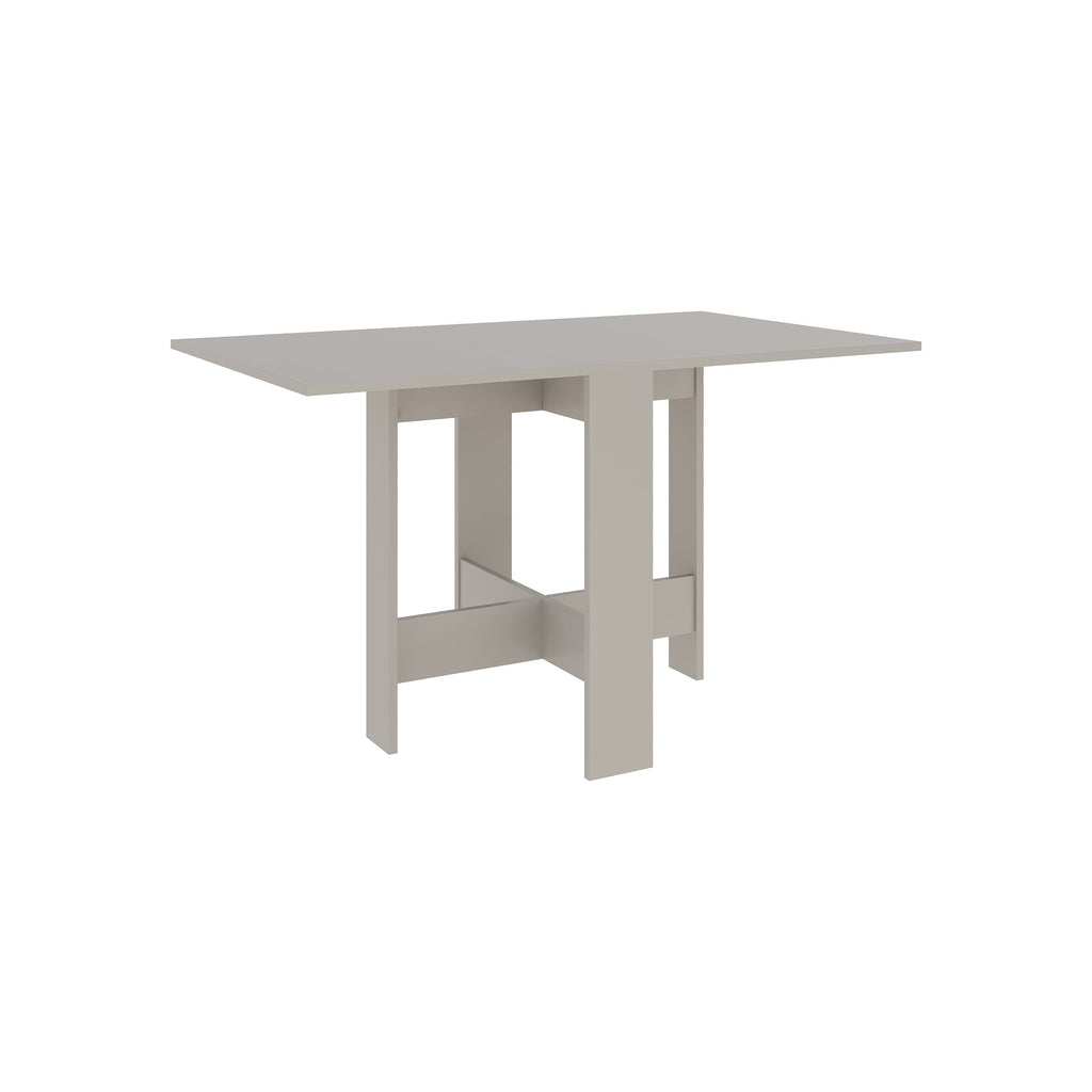 Foldable dining table with rectangular top, open shelf base, and light sandstone finish.