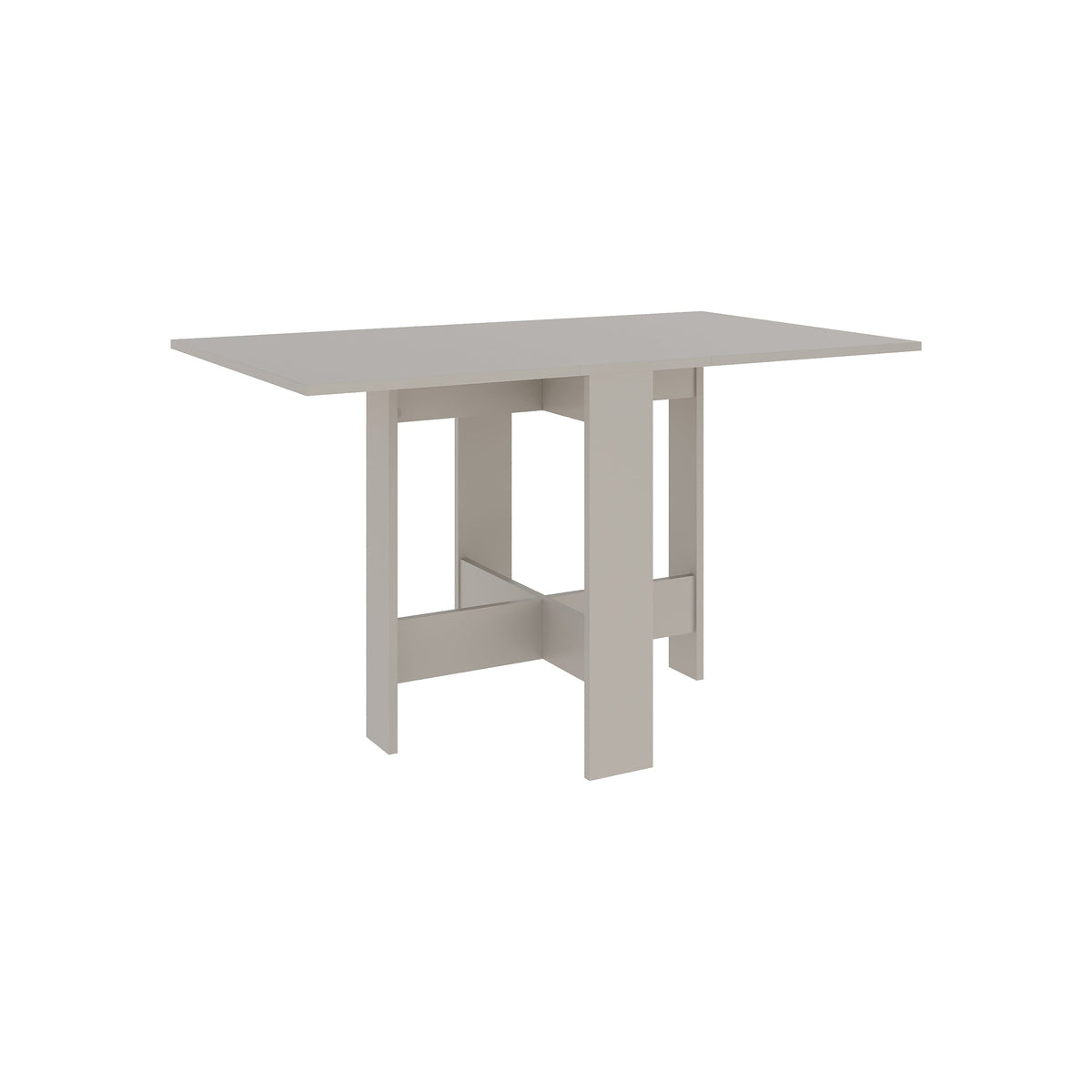 Foldable dining table with rectangular top, open shelf base, and light sandstone finish.