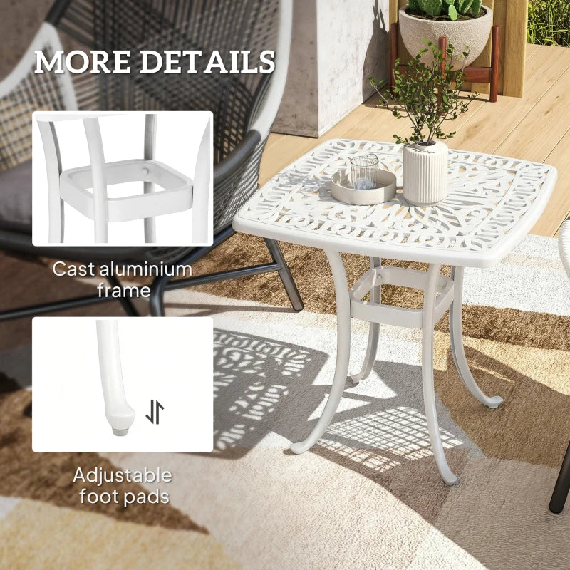 White cast aluminium patio table with lattice top, umbrella hole, adjustable anti-slip foot pads
