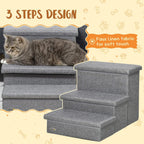 Light grey 3-step pet stairs with soft upholstered fabric and built-in storage steps
