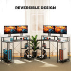 Black metal computer desk with two open storage shelves and tabletop