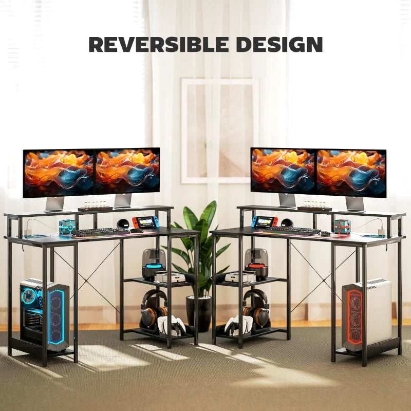 Black metal computer desk with two open storage shelves and tabletop