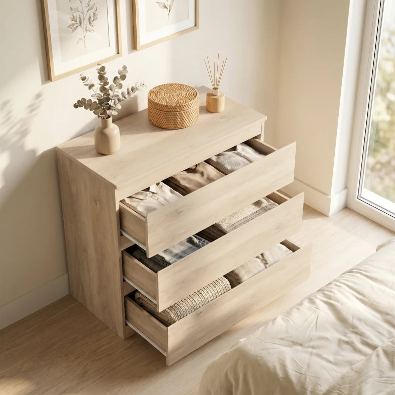Oak 3-drawer chest with two drawers pulled open, showing fabric storage inside.