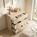 Oak 3-drawer chest with two drawers pulled open, showing fabric storage inside.