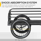 Black bicycle trailer with large wheel, suspension bar, and shock-absorbing frame