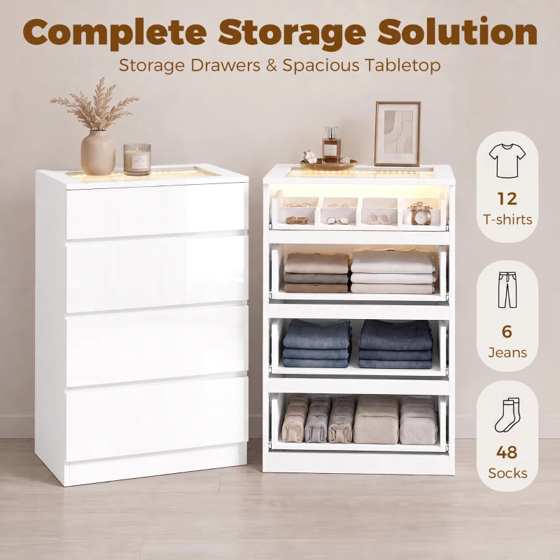 White 4-drawer chest with glass-top organizer and open side storage drawers
