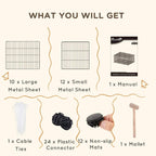 DIY black metal cage kit with wire sheets, connectors, cable ties, non-slip mats, mallet