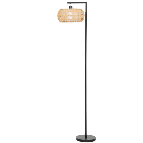 Boho dimmable floor lamp with black pole, round base, and woven rattan shade
