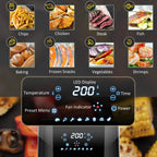 Black air fryer with front LED display showing temperature and preset menu icons