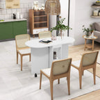 White drop-leaf dining table with built-in shelving and four stools around it