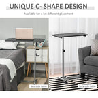 Black C-shaped side table with height-adjustable stand and caster wheels
