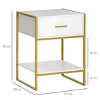 White bedside table with gold metal frame, single drawer and open lower shelf