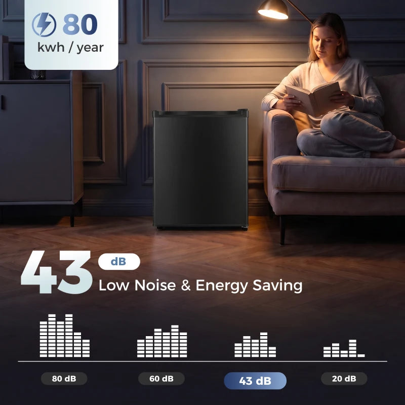 Black compact mini fridge standing appliance with low-noise and energy-saving indicator.