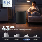 Black compact mini fridge standing appliance with low-noise and energy-saving indicator.