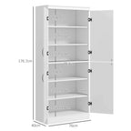 White tall cupboard with open doors and multiple interior shelves, black hinges