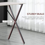 X-frame steel base with powder-coated legs supporting a white bar table