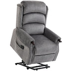 Light grey fabric power lift recliner chair with padded armrests and footrest