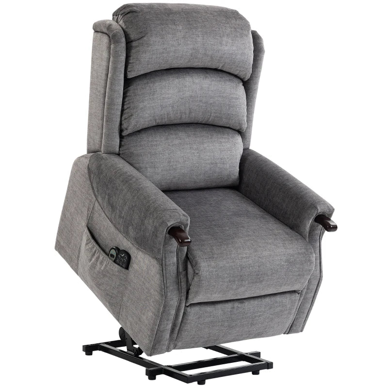 Light grey fabric power lift recliner chair with padded armrests and footrest