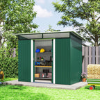 Green metal garden shed with open double doors and interior storage shelves