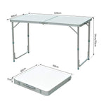 White folding table with aluminum frame and visible size measurements on legs