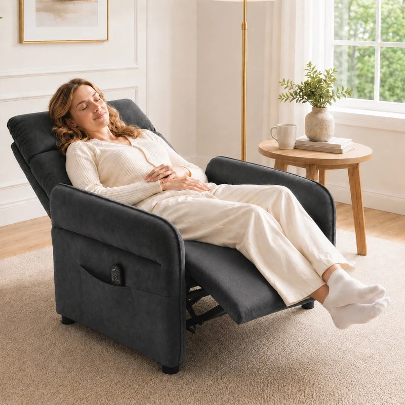 Dark grey recliner armchair reclined with padded headrest and wide armrests