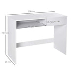 White desk with open shelf and large drawer; front dimensions shown.