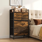 Rustic brown chest cabinet with black frame and four drawers beside a sofa
