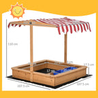 Wooden kids sandbox with red-and-white striped canopy and blue plastic basins, open top view
