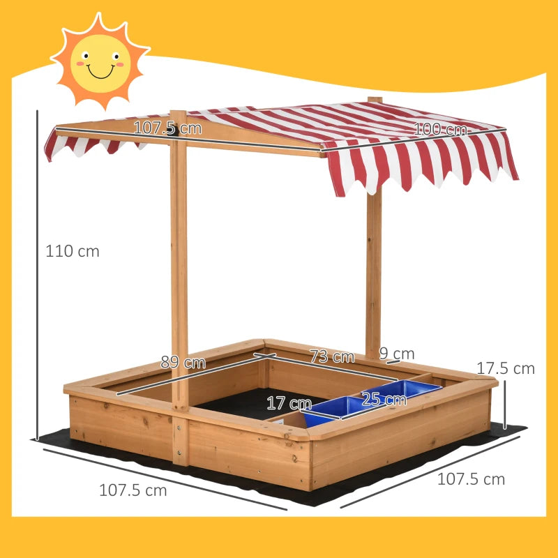 Wooden kids sandbox with red-and-white striped canopy and blue plastic basins, open top view