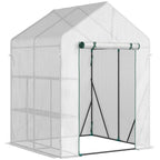 Portable greenhouse with two-tier plant shelf, green frame, clear roll-up zip door mesh cover