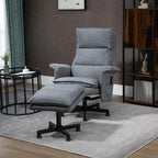 Grey upholstered swivel recliner chair with footstool and black cross-style base