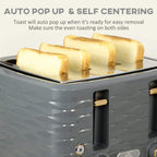 Grey four-slice toaster with auto pop-up slots showing toast slices