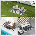 Grey-and-white leaf-pattern reversible outdoor rug, shown in outdoor seating setups
