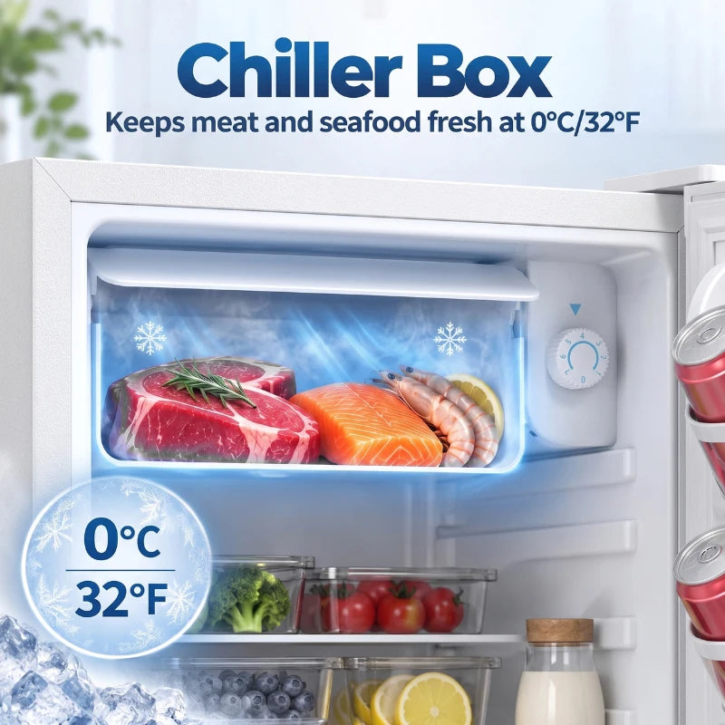 White chiller box mini fridge interior with drawer-style cold storage compartment
