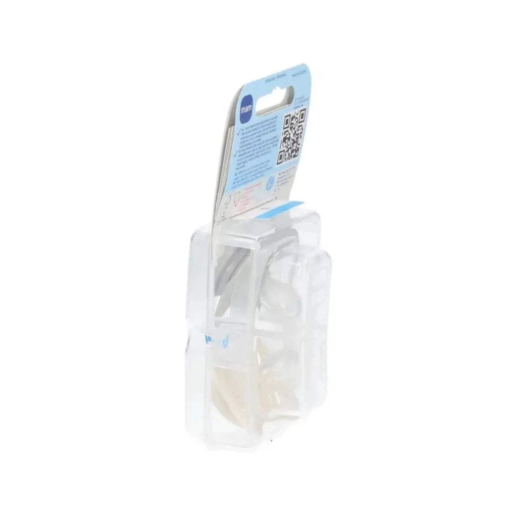 MAM Original soothers, 0-6 months two-pack in clear blister, light gray and white