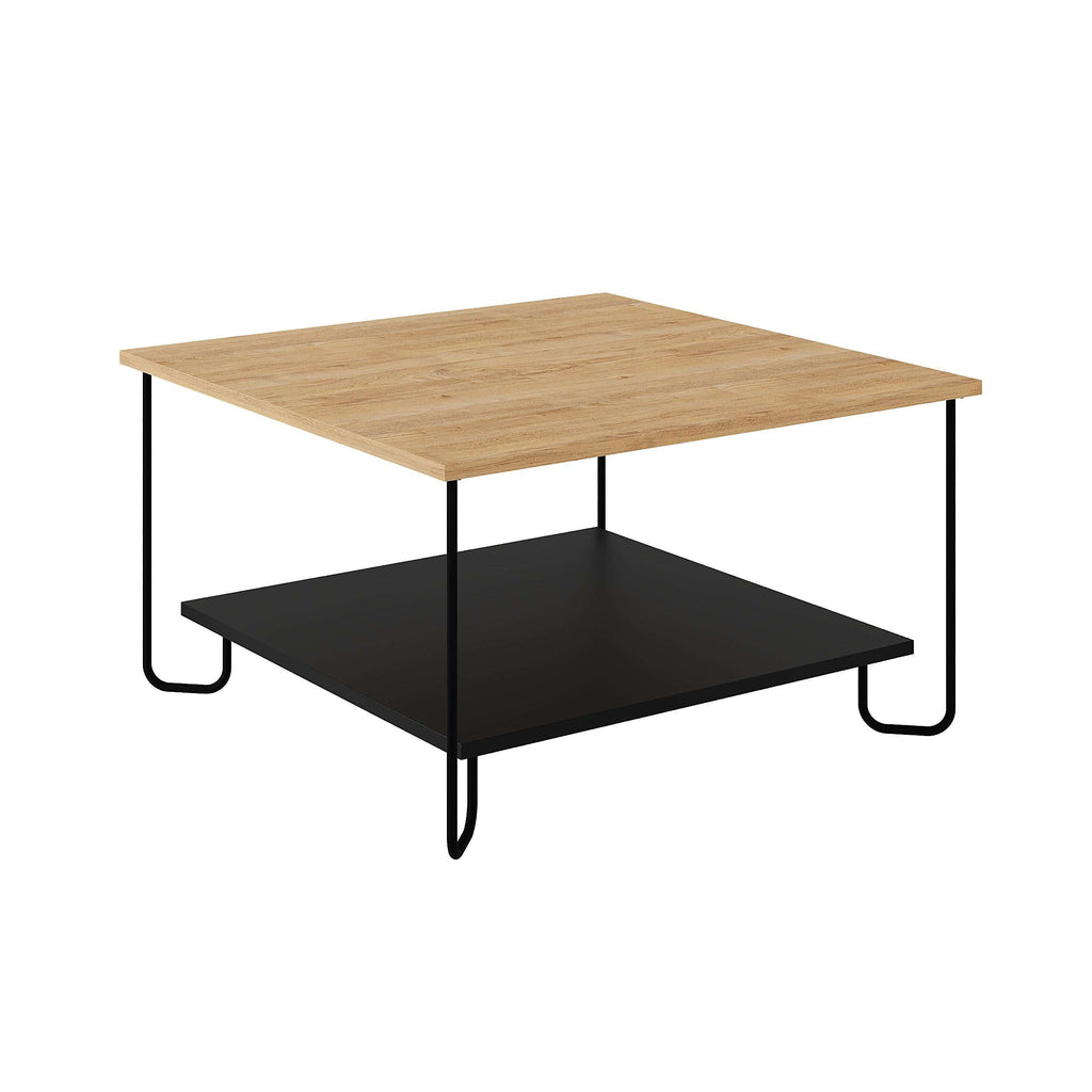 Modern two-tier coffee table with light oak top, black lower shelf, and black metal legs