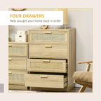 Wood-effect rattan drawer chest with four drawers, woven panel fronts and straight bar pulls
