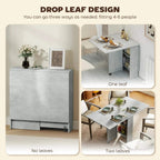Grey drop-leaf folding dining table with adjustable leaf positions and side storage