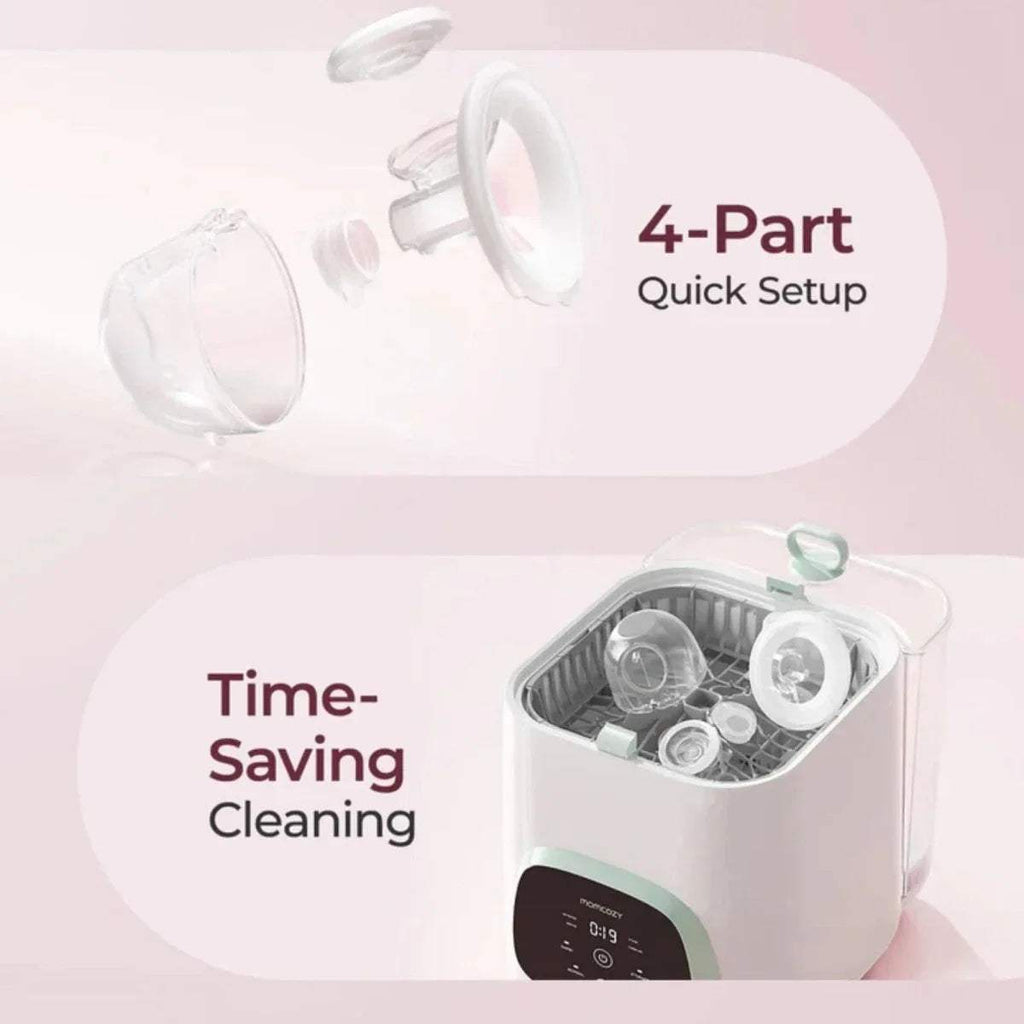 White wearable electric breast pump with detached parts and quick setup pieces