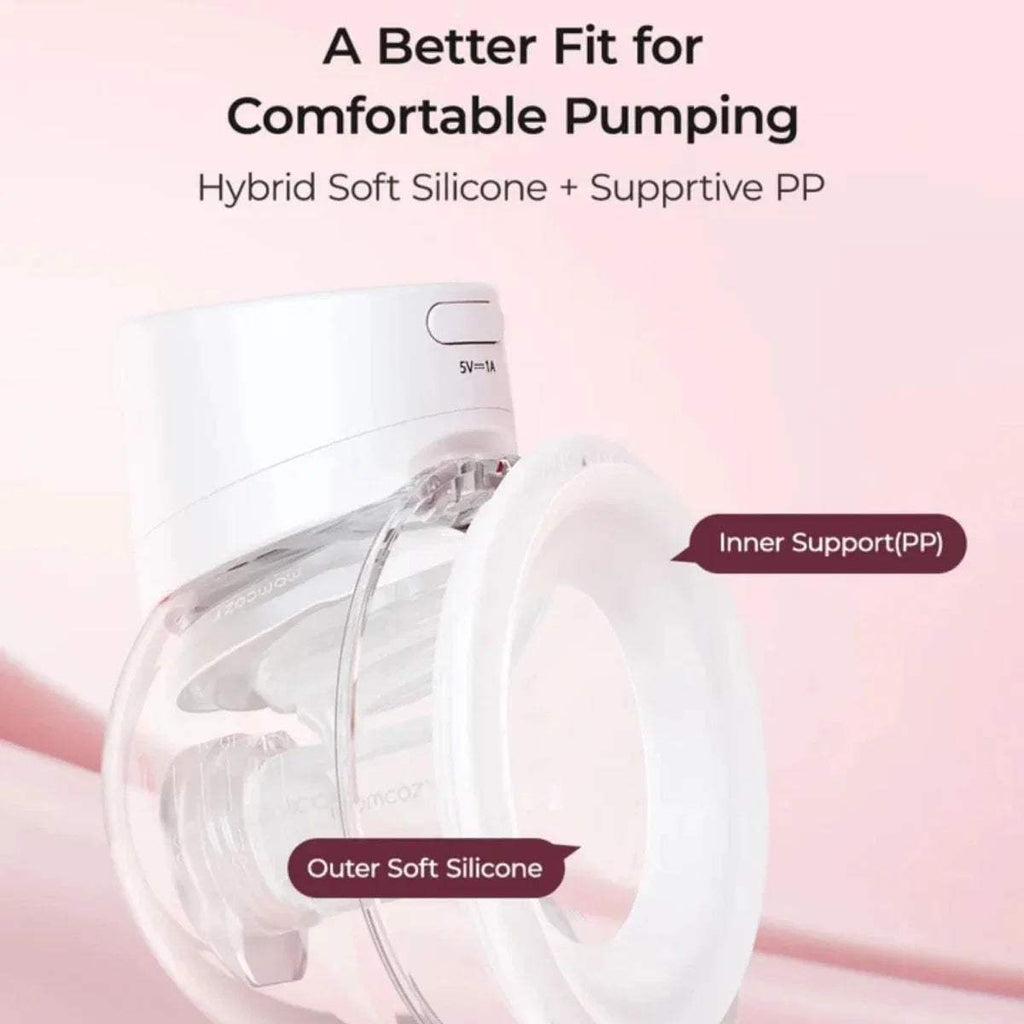 White wearable electric breast pump showing soft silicone flanges and inner support